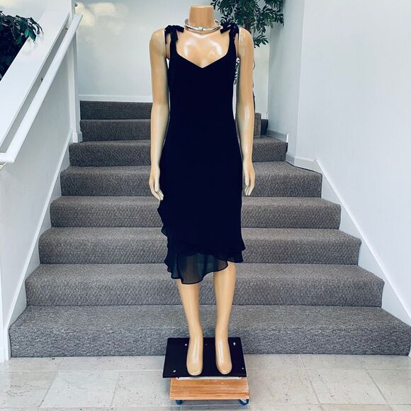 New Gorgeous Evan Picone Black Bow Straps Flowy Layers Cocktail Party MIDI Dress - Picture 1 of 15